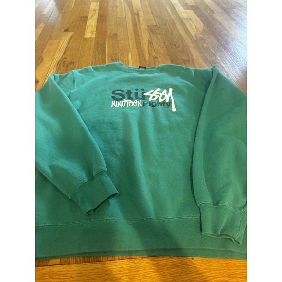 Vintage‎ Men's Stussy Green Nineteen Eighty Crewneck Sweatshirt L spellout Logo - Picture 1 of 10